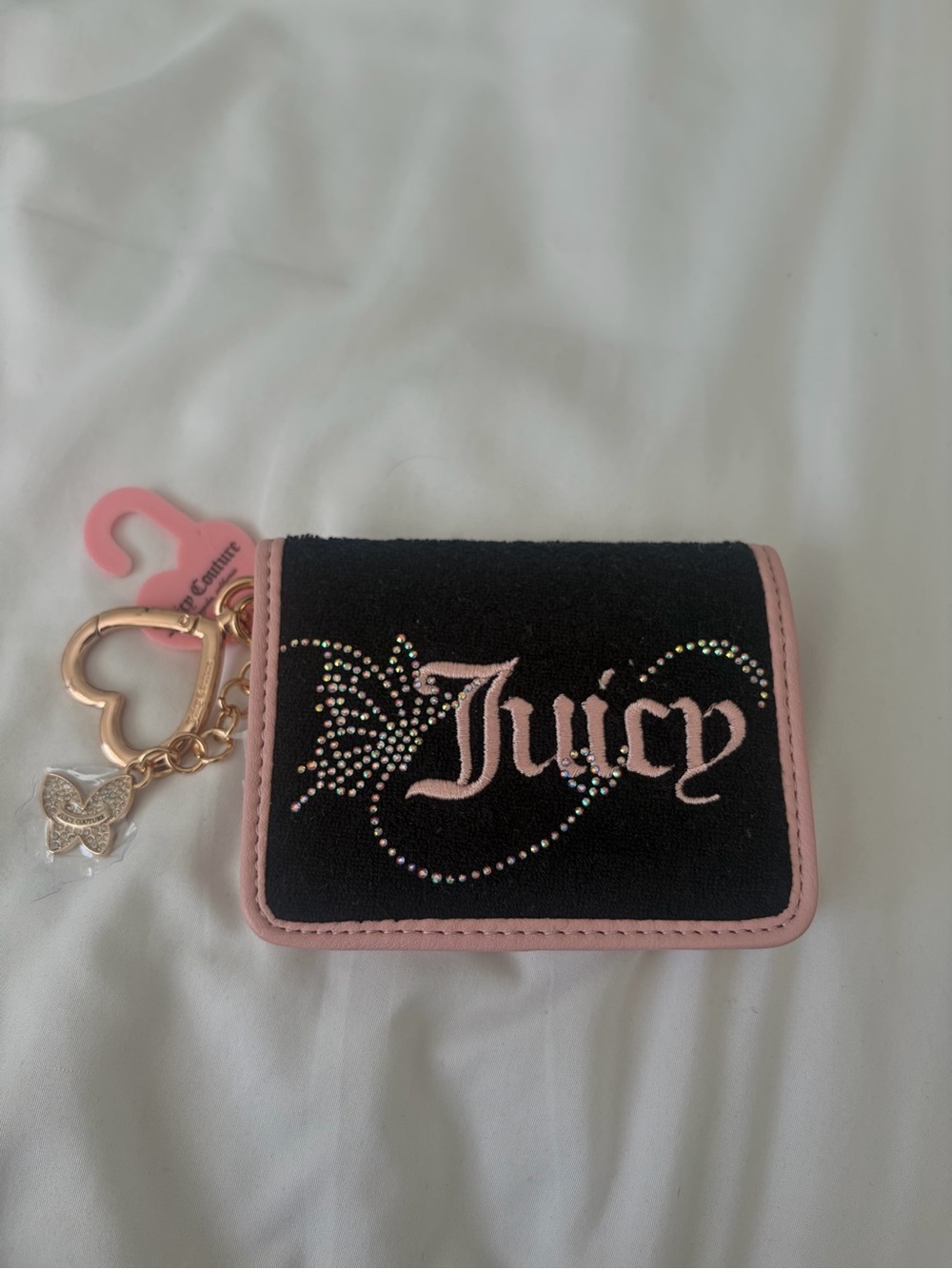 Juicy Couture Black & Pink Rhinestone Logo Cardholder with Gold Charm